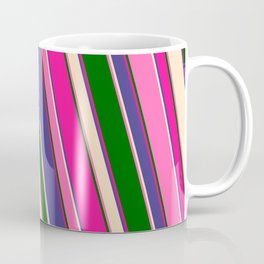 [ Thumbnail: Eye-catching Deep Pink, Dark Slate Blue, Bisque, Hot Pink, and Dark Green Colored Stripes Pattern Coffee Mug ]