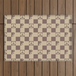 Checkered Peace Symbol & Yin Yang Pattern \\ Cocoa Mocha Color Palette Outdoor Rug