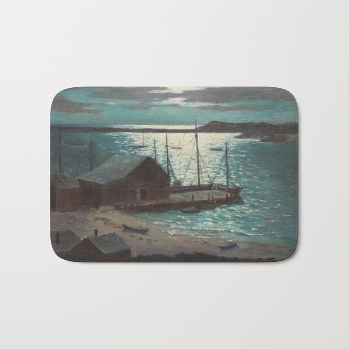 Moonlit Harbor nautical seascape painting by Alice Davis Bath Mat