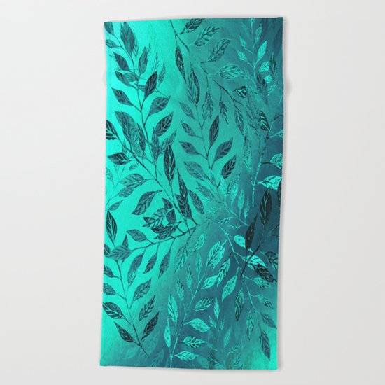 Monochrome Leaf Arrangement (Teal) Beach Towel