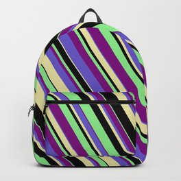 [ Thumbnail: Light Green, Purple, Slate Blue, Pale Goldenrod, and Black Colored Lines/Stripes Pattern Backpack ]