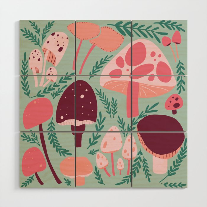 Mushrooms - Pink & Green Wood Wall Art