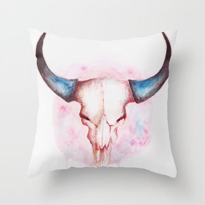 cow skull with horns Throw Pillow