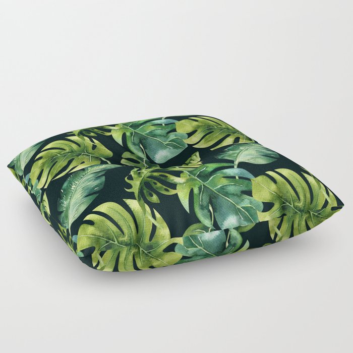 Watercolor Botanical Green Monstera Lush Tropical Palm Leaves Pattern on Solid Black Floor Pillow