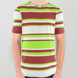 [ Thumbnail: Brown, Light Green & White Colored Lined Pattern All Over Graphic Tee ]