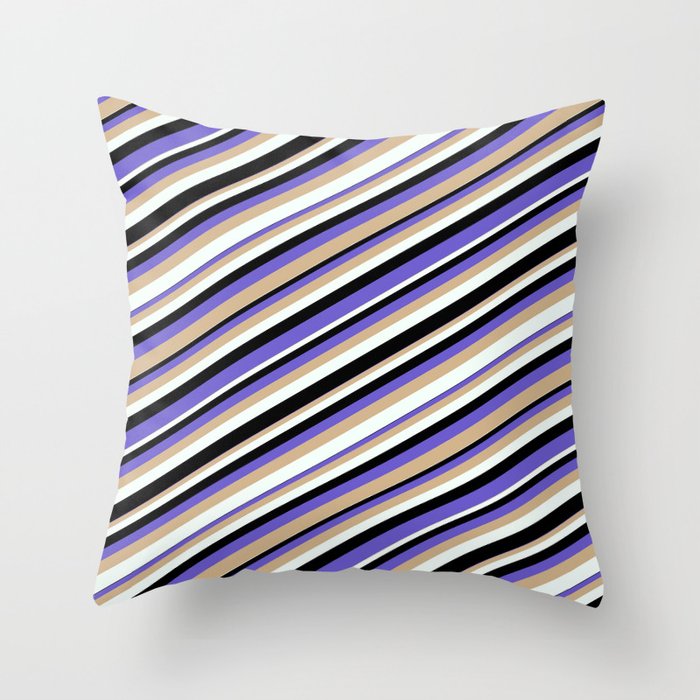 Black, Slate Blue, Tan, and Mint Cream Colored Stripes Pattern Throw Pillow
