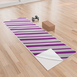 [ Thumbnail: Light Grey & Purple Colored Striped Pattern Yoga Towel ]