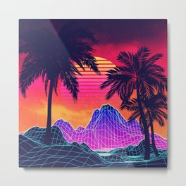 Neon glowing grid rocks and palm trees, futuristic landscape design Metal Print