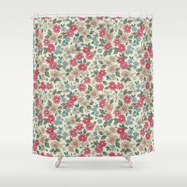 Vintage floral background. Floral pattern with small pastel color flowers on a light gray-green background. Seamless pattern. Ditsy style. Stock vintage illustration.  Shower Curtain