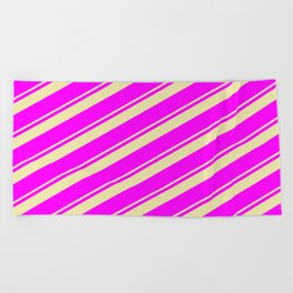 [ Thumbnail: Pale Goldenrod & Fuchsia Colored Stripes/Lines Pattern Beach Towel ]