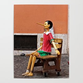 Pinocchio Marionette Sitting on Street Bench Poster