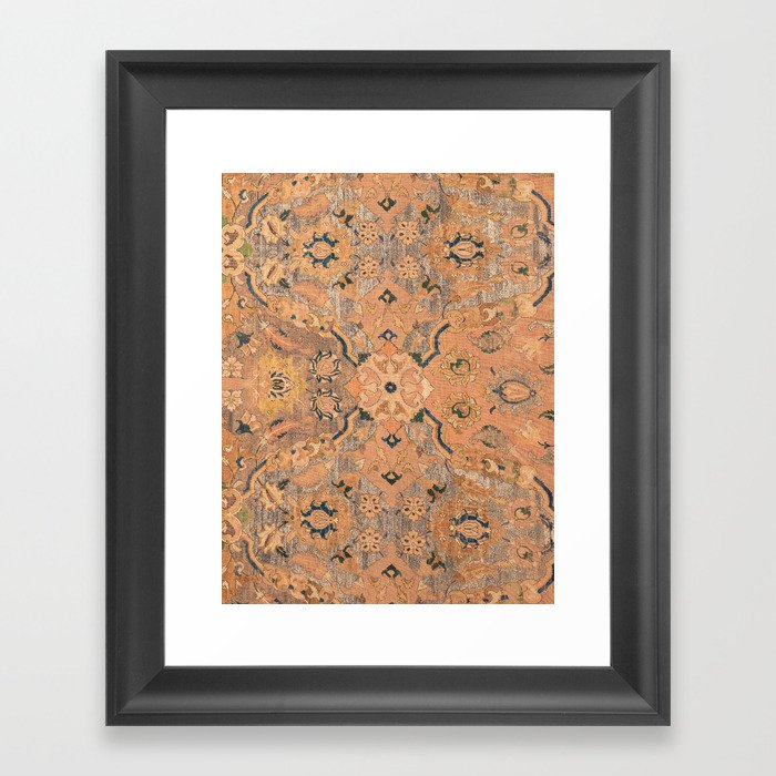 Persian Motif IV // 17th Century Ornate Rose Gold Silver Royal Blue Yellow Flowery Accent Rug Patter Framed Art Print