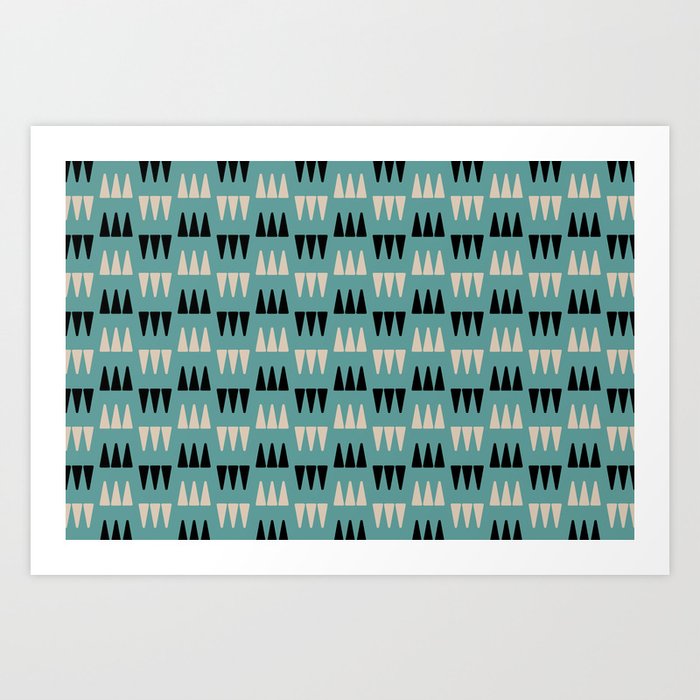 Retro Modernist Geometric Tri-Triangle Pattern 521 Black Turquoise and Linen Whit Art Print