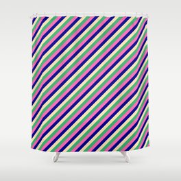 [ Thumbnail: Beige, Sea Green, Hot Pink, and Dark Blue Colored Lines/Stripes Pattern Shower Curtain ]
