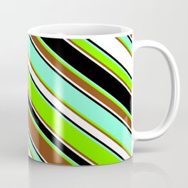 [ Thumbnail: Aquamarine, Chartreuse, Brown, White, and Black Colored Striped/Lined Pattern Coffee Mug ]