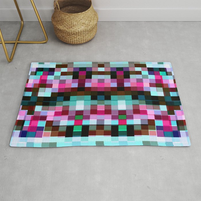 geometric symmetry pixel square pattern abstract background in pink blue Rug