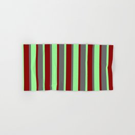 [ Thumbnail: Dark Red, Green, and Dim Gray Colored Lines Pattern Hand & Bath Towel ]