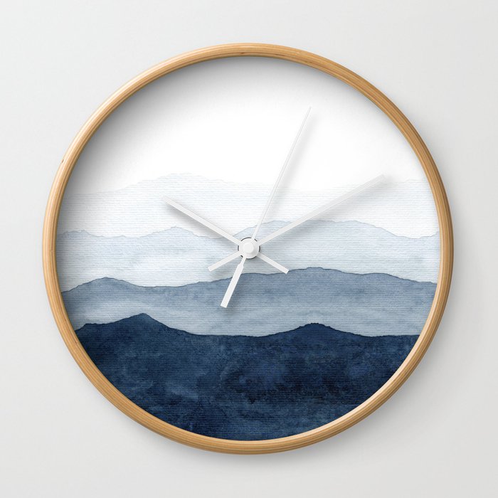 Indigo Abstract Watercolor Mountains Wall Clock