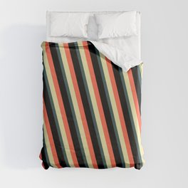 [ Thumbnail: Red, Pale Goldenrod, Dark Slate Gray, and Black Colored Lines Pattern Duvet Cover ]