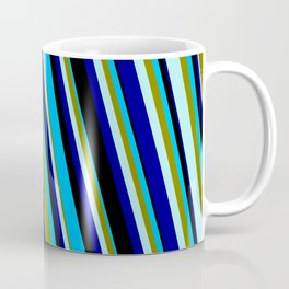 [ Thumbnail: Eyecatching Deep Sky Blue, Green, Turquoise, Dark Blue, and Black Colored Pattern of Stripes Coffee Mug ]