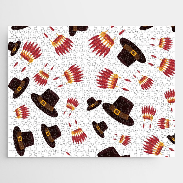 Pilgrim and Indian Hats Thanksgiving Pattern Jigsaw Puzzle