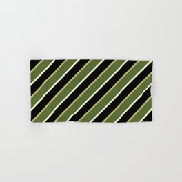 [ Thumbnail: Dark Khaki, Dark Olive Green, Light Yellow & Black Colored Stripes/Lines Pattern Hand & Bath Towel ]
