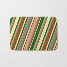 [ Thumbnail: Colorful Grey, Brown, Pale Goldenrod, Dark Green & Dark Salmon Colored Lined/Striped Pattern Bath Mat ]