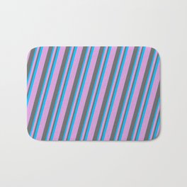 [ Thumbnail: Plum, Dim Gray, and Deep Sky Blue Colored Striped Pattern Bath Mat ]