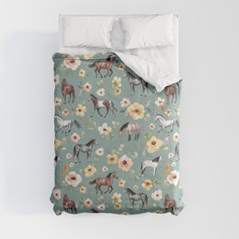 Horses and Sunrise Blue Floral, Horse Love, Wild Horses, Yellow and Pink Flowers Comforter