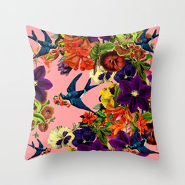 Vintage Swallow Floral Pink Throw Pillow