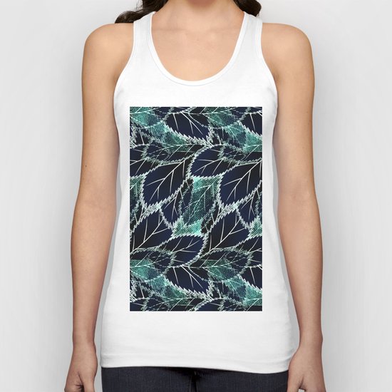 Bright turquoise leaves on a black background. Unisex Tank Top