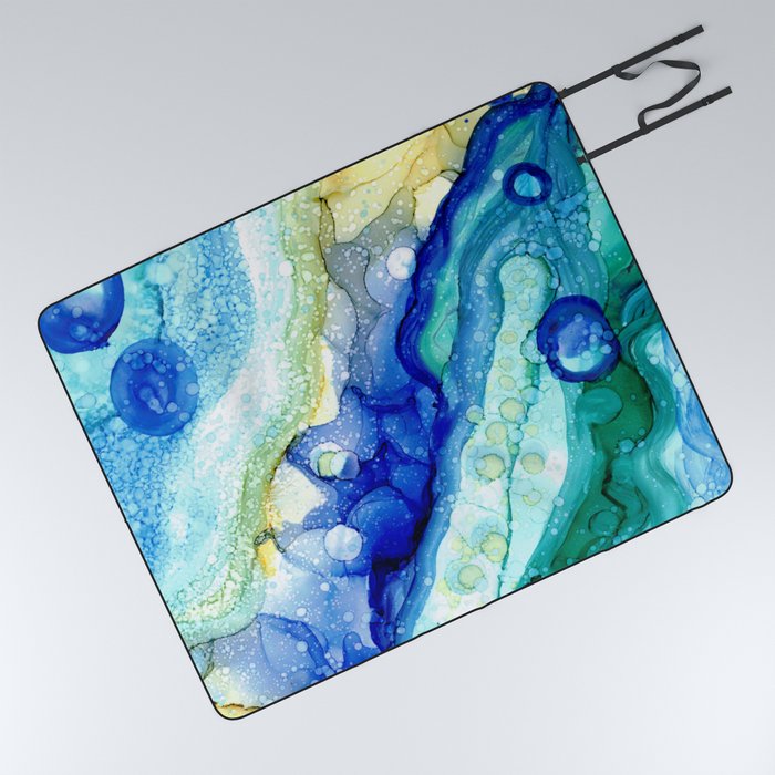Blue Green Yellow bubble Alcohol Ink Abstract by Herzart Picnic Blanket
