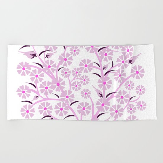 Pink Flowers and Birds Beach Towel