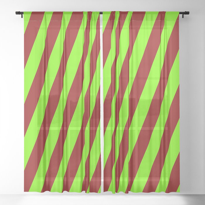 Green & Dark Red Colored Lines Pattern Sheer Curtain