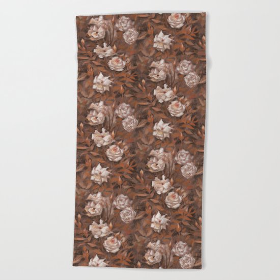 "White roses" hand drawn vintage floral pattern in earth colors Beach Towel