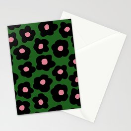 Retro Flowers Pattern, Green, Pink and Black Stationery Card