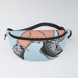 Woman tying black shoes on her feet - blue background Fanny Pack