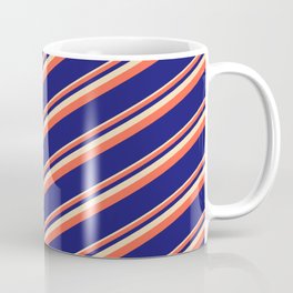 [ Thumbnail: Tan, Red, and Midnight Blue Colored Lined Pattern Coffee Mug ]