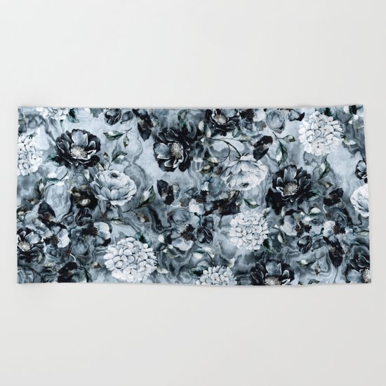 Black Flowers Beach Towel