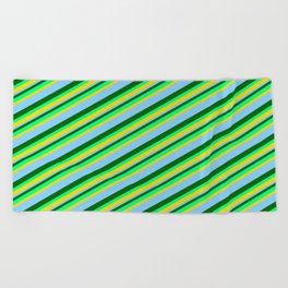 [ Thumbnail: Dark Green, Green, Yellow & Light Sky Blue Colored Lined Pattern Beach Towel ]
