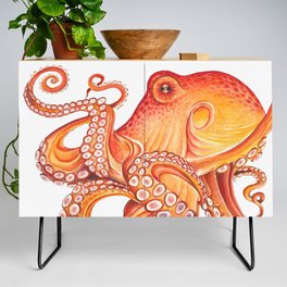 Red Octopus Kraken Tentacles on White Watercolor Art Credenza