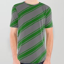 [ Thumbnail: Dim Grey and Dark Green Colored Stripes Pattern All Over Graphic Tee ]