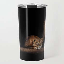 Portrait of Lion Family on dark background - vintage nature photo Travel Mug