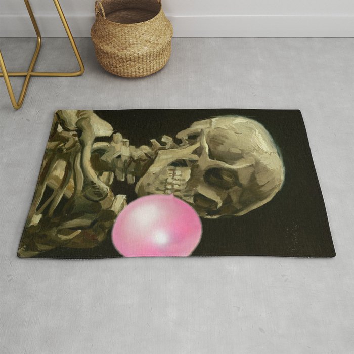 Van Gogh Bubble Gum Head of a skeleton with a burning cigarette portrait painting Rug