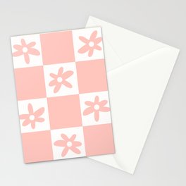 Flower Check Cute Geometric Floral Checkerboard Pattern in Soft Blush Pink Stationery Card