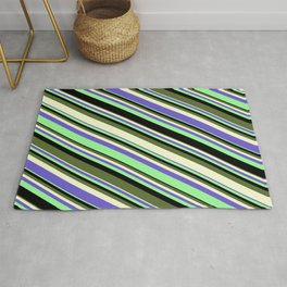 [ Thumbnail: Eye-catching Green, Black, Dark Olive Green, Light Yellow, and Slate Blue Colored Stripes Pattern Rug ]