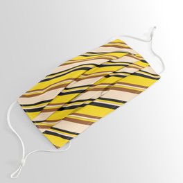 [ Thumbnail: Yellow, Brown, Bisque & Black Colored Pattern of Stripes Face Mask ]