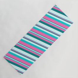 [ Thumbnail: Teal, Light Cyan, Dark Turquoise, and Hot Pink Colored Pattern of Stripes Yoga Mat ]