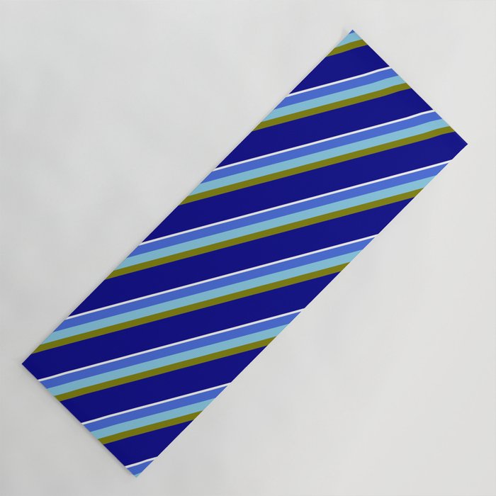 Vibrant Royal Blue, Sky Blue, Green, Dark Blue, and White Colored Striped/Lined Pattern Yoga Mat