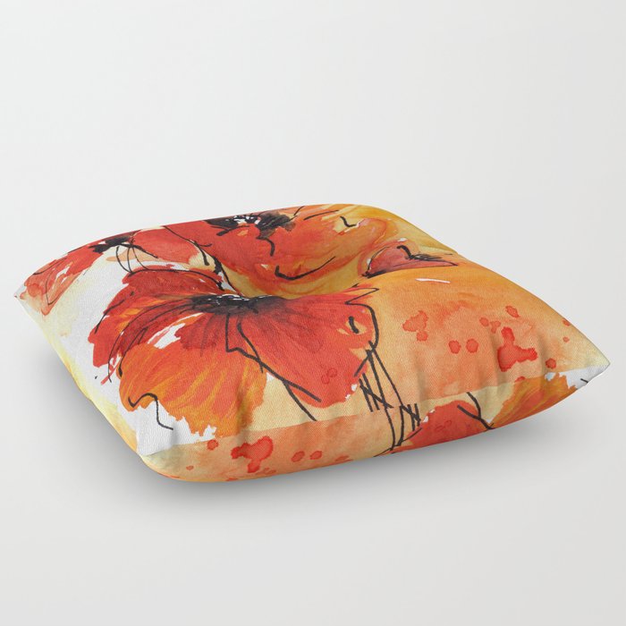 Red Poppy Flowers Watercolor Painting Floor Pillow